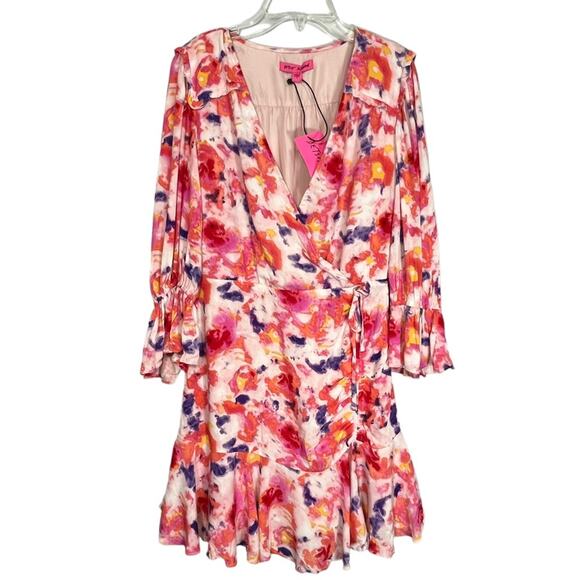 Betsey Johnson Dress Sunset Floral Wrap Pink Purple Ruffle Nwt $99 Sz 4 - Picture 2 of 15